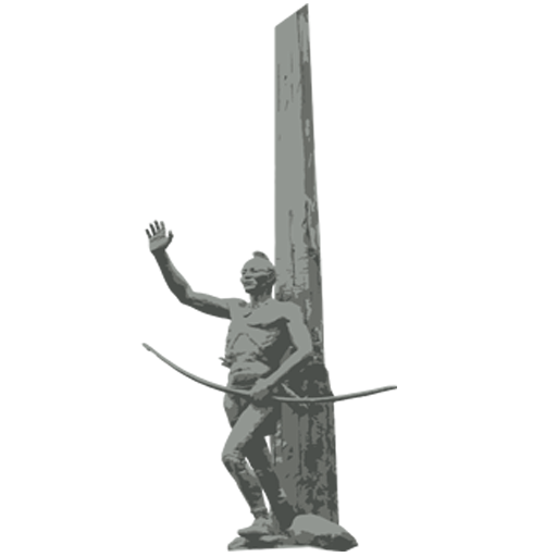 Village of Painted Post Indian Monument restored in 2018, Indian holding a bow with other hand raised in front of him standing in front of a pole